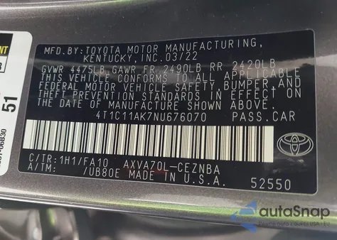 2022 Toyota Camry Le из США, поврежденный, VIN 4T1C11AK7NU676070